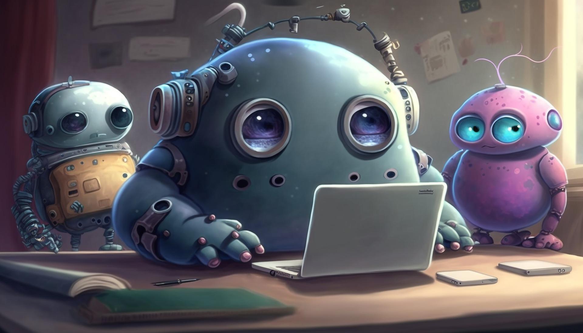 Alien Robiter vor einem Laptop, suchen, beobachten, nicht finden