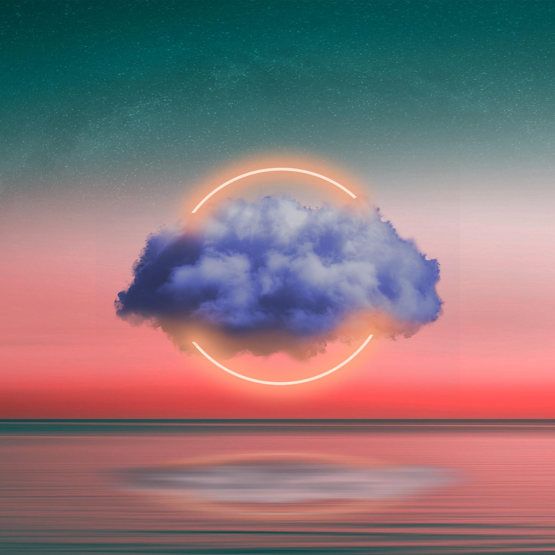 Schwebende Wolke in surrealer Landschaft als Symbol für Trance, Zwischenraum und Bewusstsein jenseits des Alltags.