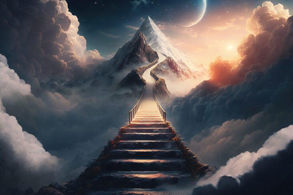 Treppe auf Berg, Wolken, Mond, Phantasy, loslassen, andere Welten, Ruhe, Frieden, Entdecken, Rückführung in früheres Leben
