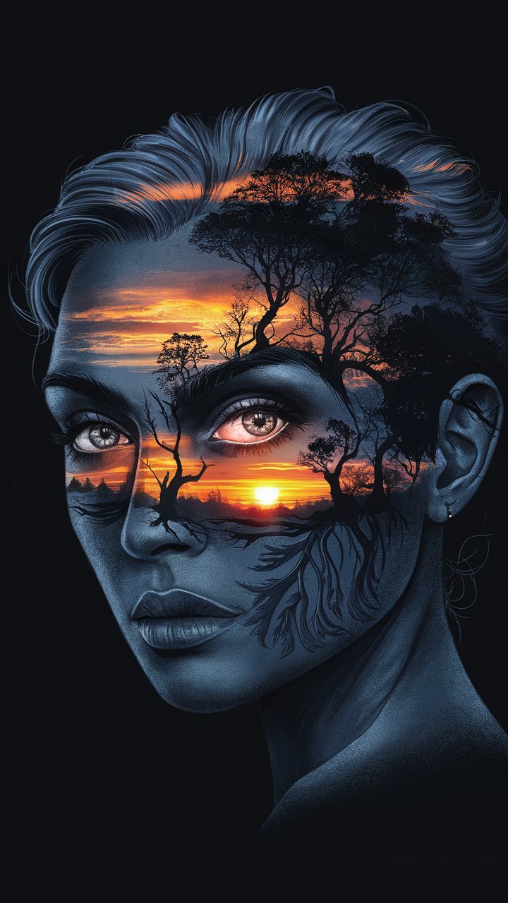 Frau im Double-Exposure-Stil mit Bäumen im Gesicht als Symbol für Erinnerung, innere Welten und Rückführung in andere Leben.