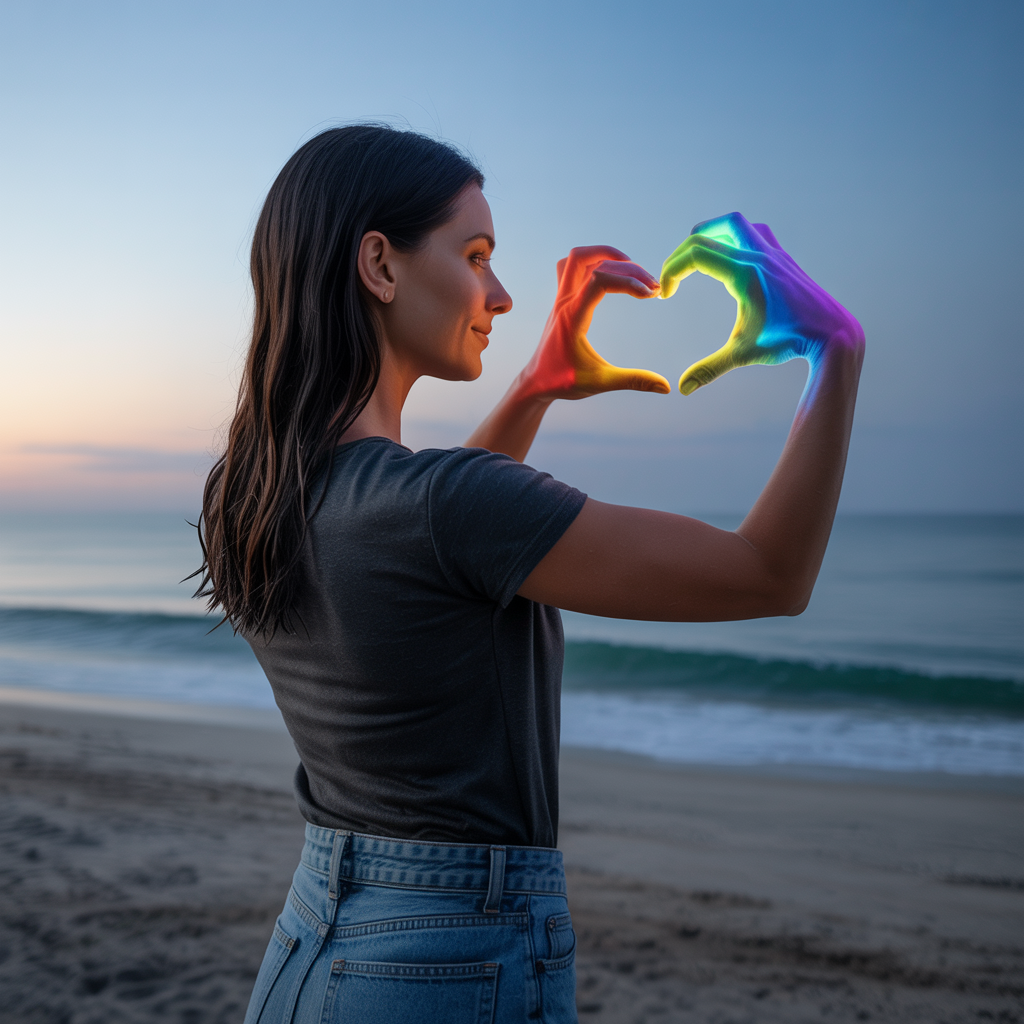 Frau steht entspannt am Strand und formt mit den Händen ein Herz – Symbol für Wunschenergie und bewusste Lebensgestaltung im Manifestationsworkshop