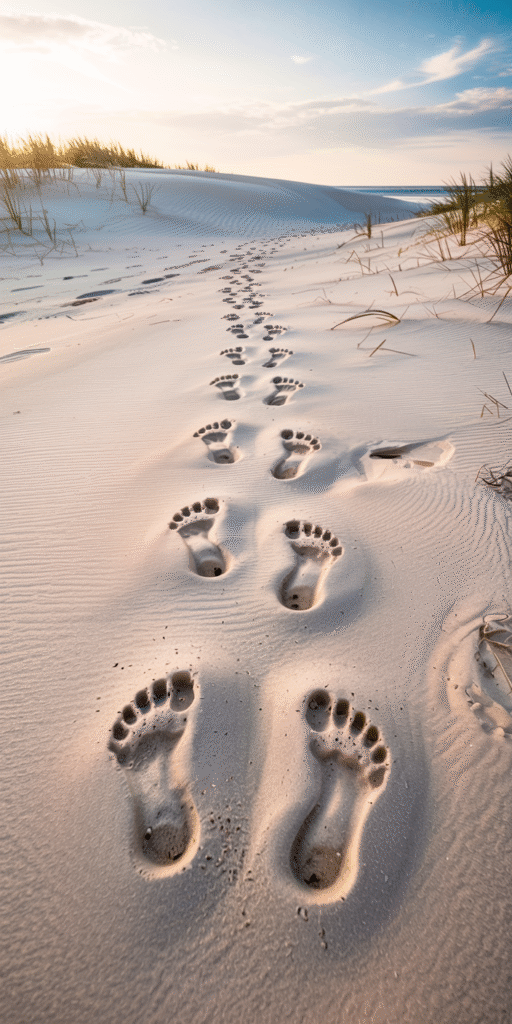 Fussabdrücke im Sand, Freiheit, Vorwärtskommen, Bewegung. Ein spirituelles Coaching bringt dich in deinen Fortschritt.