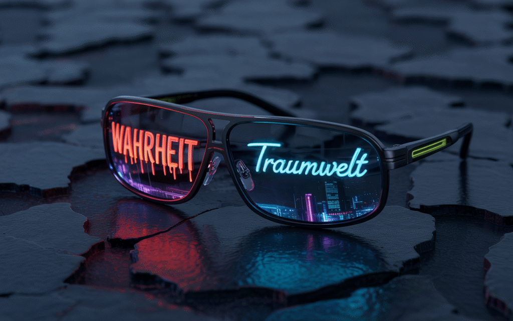 Sonnenbrille in schwarz auf gerochenem Boden, mit Text im Brillenglas: "Wahrheit" und "Traumwelt". Es geht um Klarheit und Aufbrechen von Illusionen.