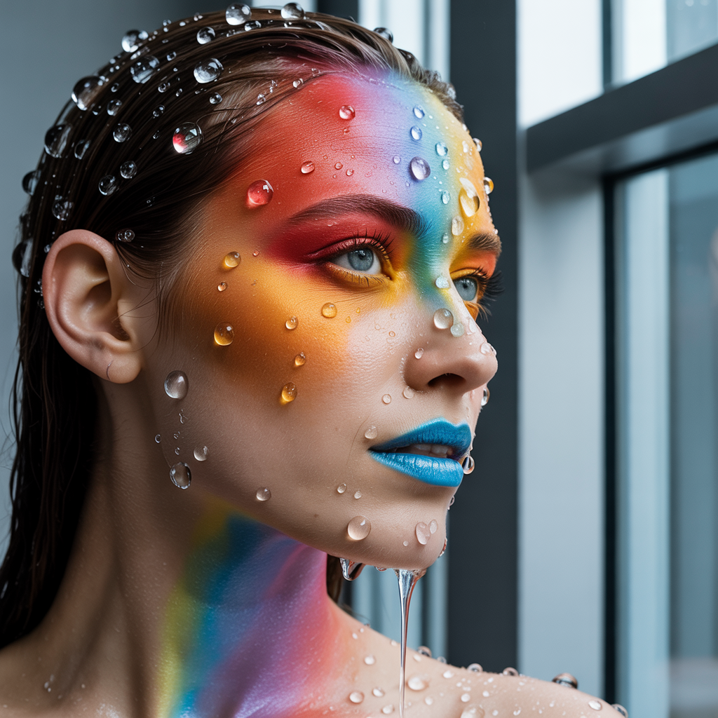 Frau mit farbigem Gesichtsmake-up und Wassertropfen im Licht – Symbol für verkörperte Präsenz und bewusste Business-Führung