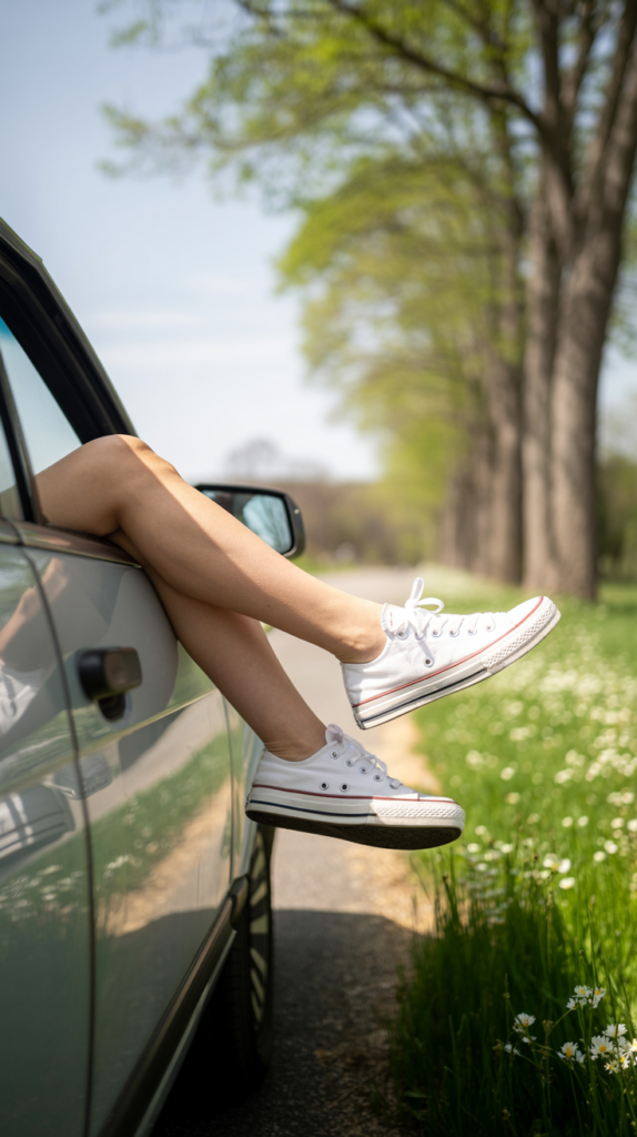 Beine entspannt aus einem Auto gestreckt an einer ruhigen Allee – Sinnbild für Durchatmen, innere Entlastung und neue Beweglichkeit nach einer Einzelsession