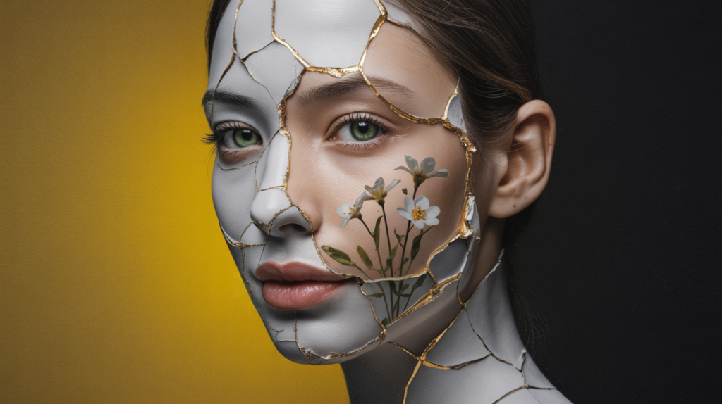 Gesicht einer Frau mit feinen goldenen Bruchlinien und wachsendem Blütenmotiv – Sinnbild für innere Transformation, Heilung und das Sichtbarwerden neuer innerer Strukturen