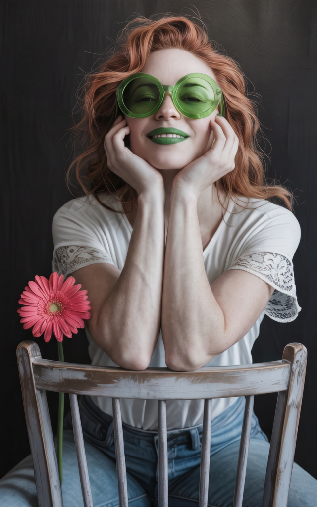 Lächelnde Frau mit grüner runder Brille und Blume, die selbstbewusst und gelassen Bewusstsein, Verkörperung und neue Zeit symbolisiert.
