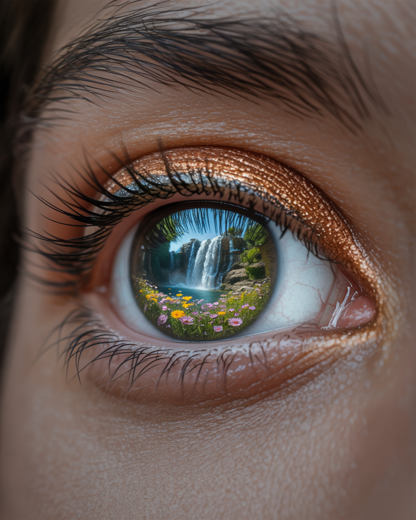 Nahaufnahme eines Auges mit Spiegelung einer Wasserfalllandschaft – Symbol für mediale Wahrnehmung, Hellsinne und das Erkennen größerer Zusammenhänge.