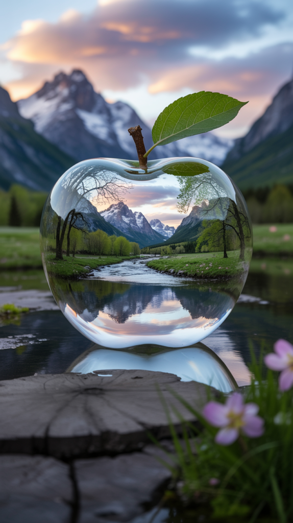 Gläserner Apfel mit Berglandschaft und Fluss im Inneren – Symbol für Bewusstsein, innere Klarheit und Neubeginn im Quantenfeld-Reading.