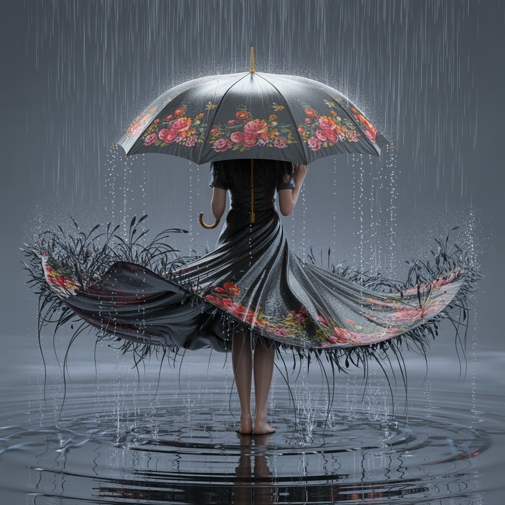 Frau steht im Regen unter einem schützenden Schirm, während ihr Kleid sich im Wasser bewegt – Sinnbild für innere Prozesse, Bewusstseinsarbeit und Halt im Wandel.