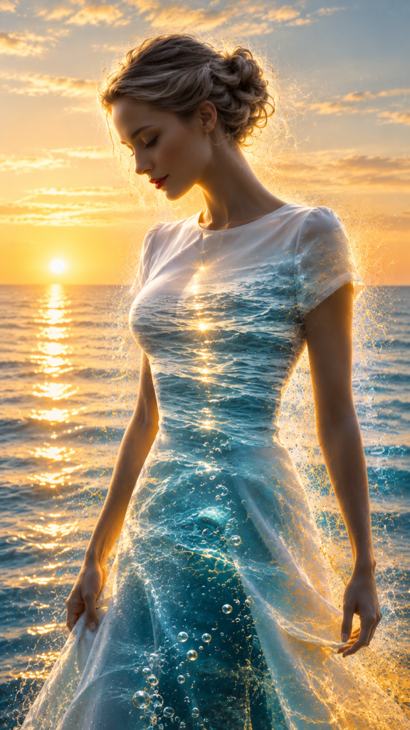 Frau in Doppelbelichtung mit Meer und Sonnenuntergang – Symbolbild für Quantenfeld-Reading Modul 1