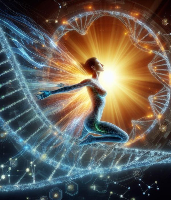 Frau in einer DNA Spirale; Freiheit, Ausdruck, leben der eigenen Essenz; DNA-Upgrade