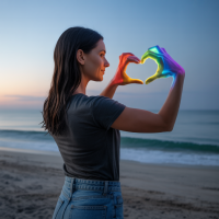 Frau steht entspannt am Strand und formt mit den Händen ein Herz – Symbol für Wunschenergie und bewusste Lebensgestaltung im Manifestationsworkshop