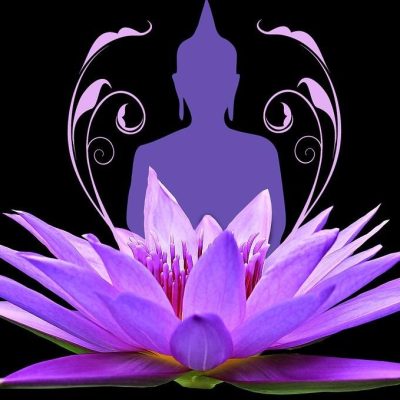 Buddha hinter lila Lotusblume